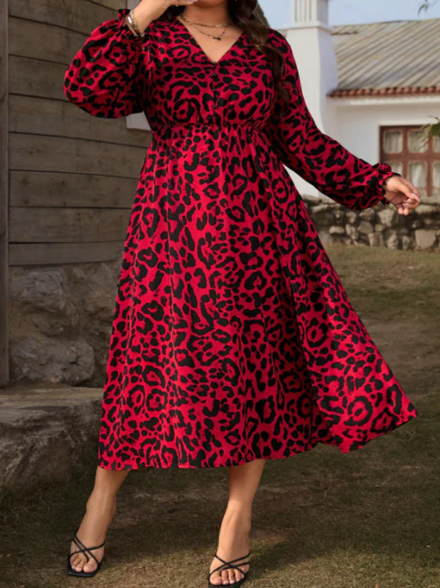 Elegant Sexy Leopard-Print V-Neck Plus-Size Dress For Women