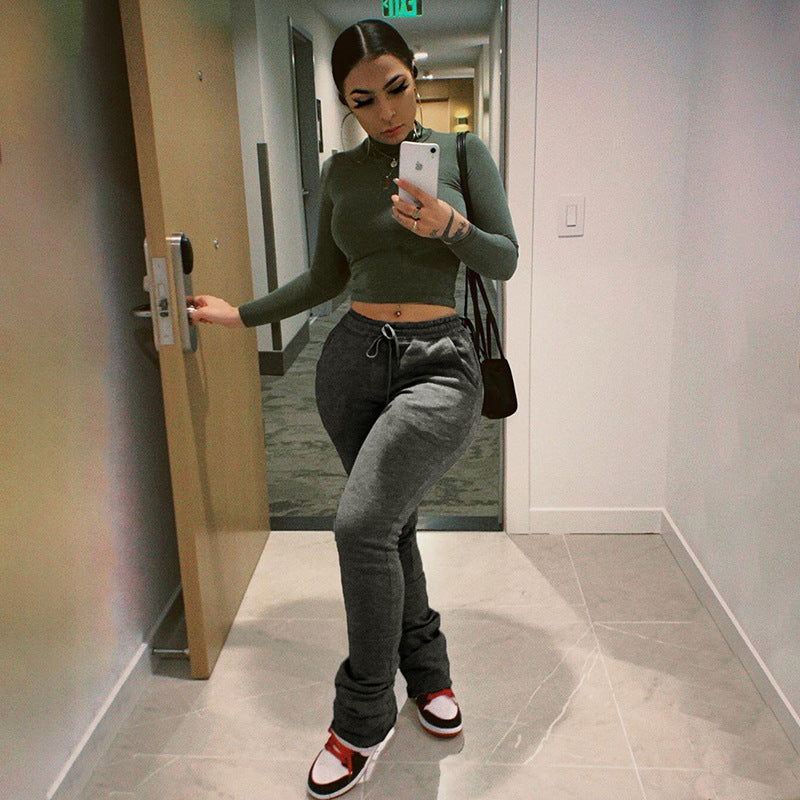 New Solid Lace Up High Waist Flared Pants