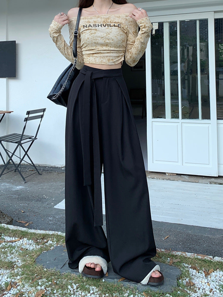 Design Women's Lace-up Wide-leg Pants Straight
