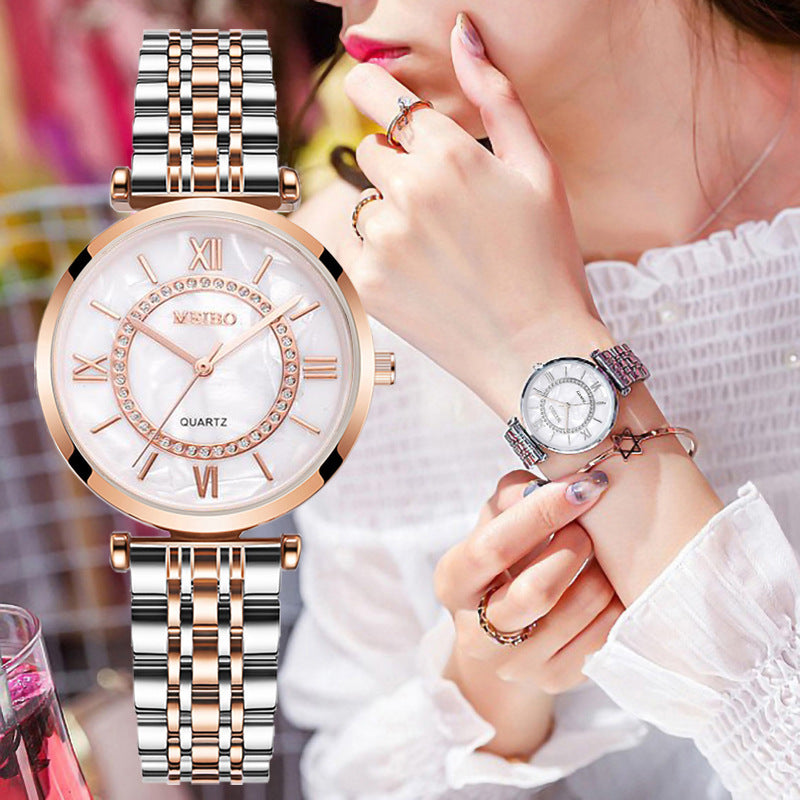 Ladies Diamond Steel Band Simple Quartz Watch