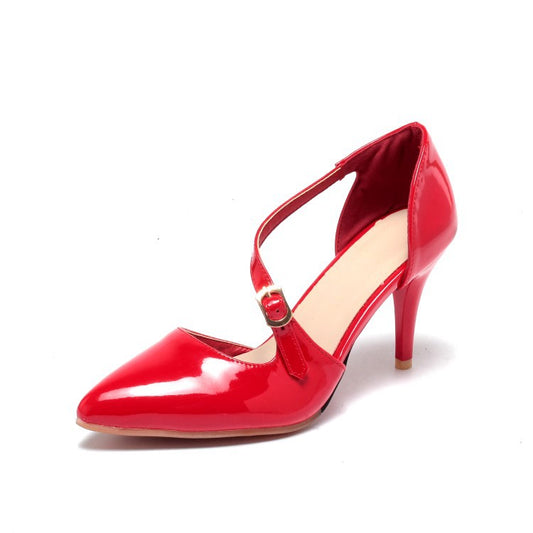 Patent leather high heel sandals with belt buckle