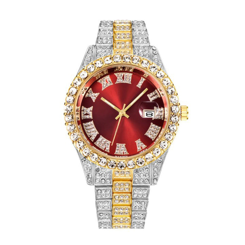 Men's Hip Hop Roman Scale Diamond Studded Calendar Quartz Watch