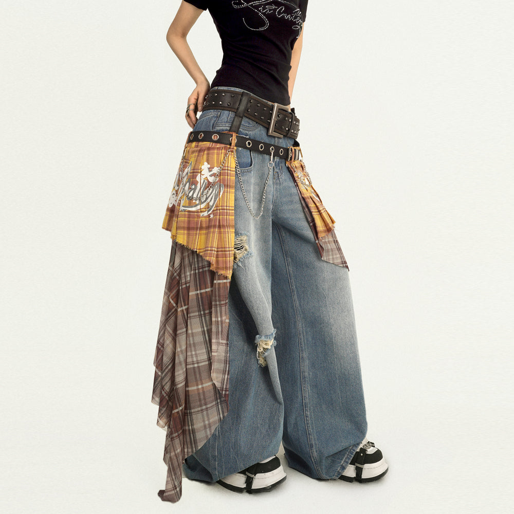 Women's Two Belt Plaid Girdle Skirt