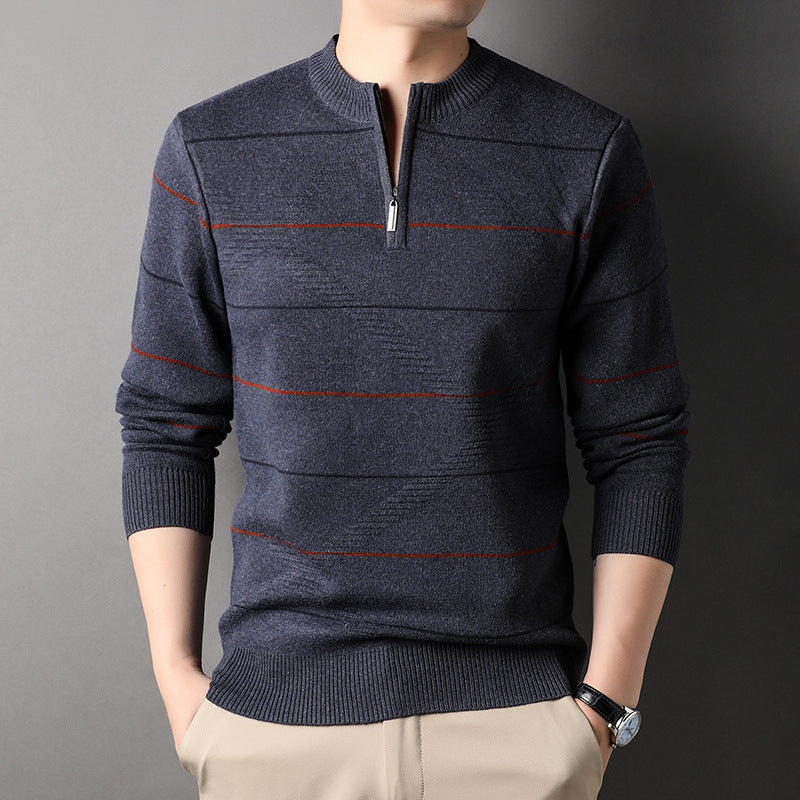 Zippered Mock-neck Knit Sweater With Striped Long Sleeves