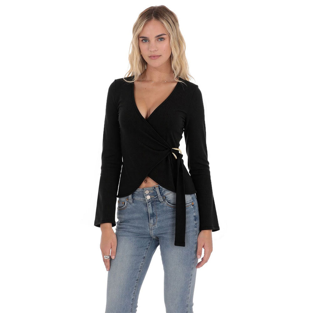 French Niche Design Women's Black V-neck Long-sleeved Waist-cinching Knit Top