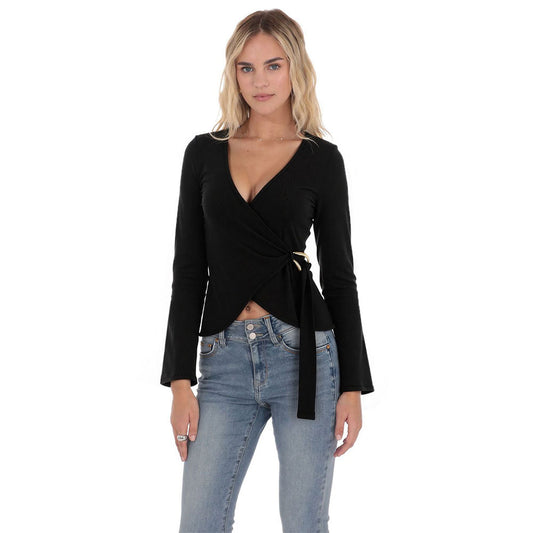 French Niche Design Women's Black V-neck Long-sleeved Waist-cinching Knit Top