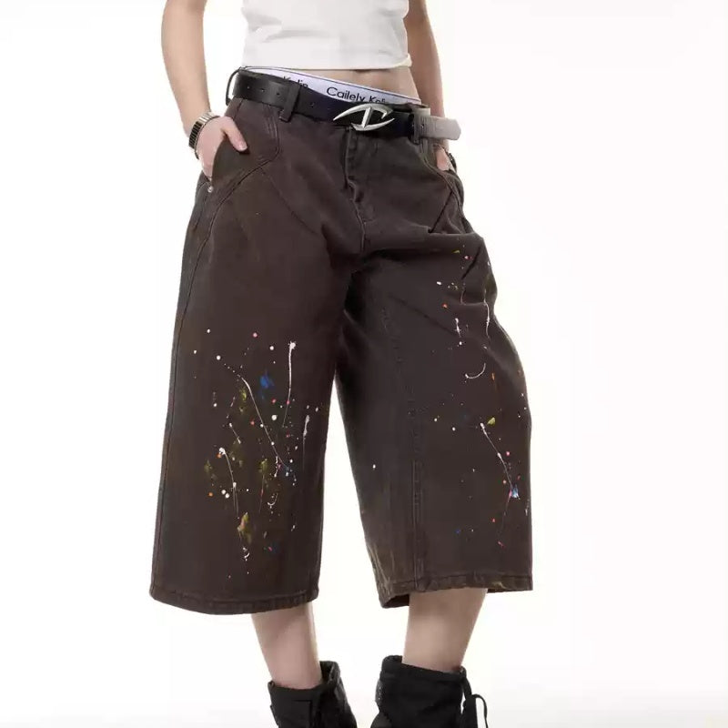 Retro Paint-splashing Style Graffiti Denim Shorts Baby Boy And Girl Summer Loose Straight