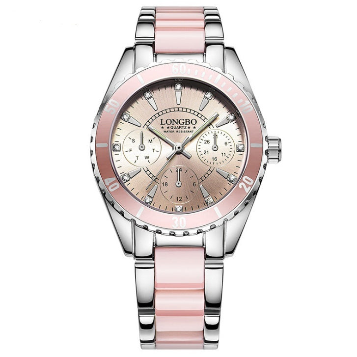 Hot sale watch female models three eyes ceramic steel belt watch waterproof luminous quartz ladies watch