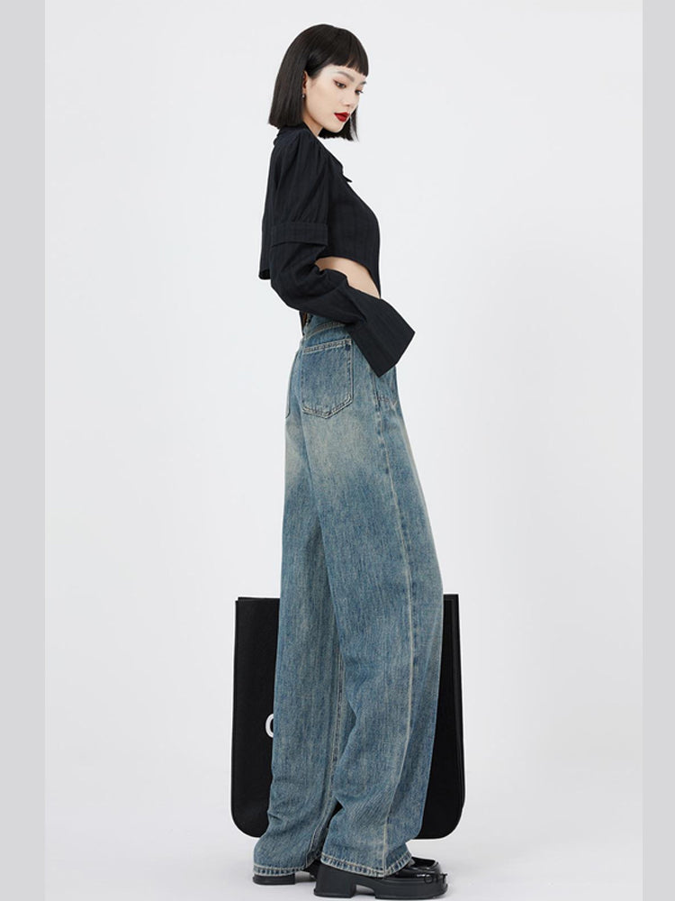 Retro-damedenimbukser med vidde og slidt look