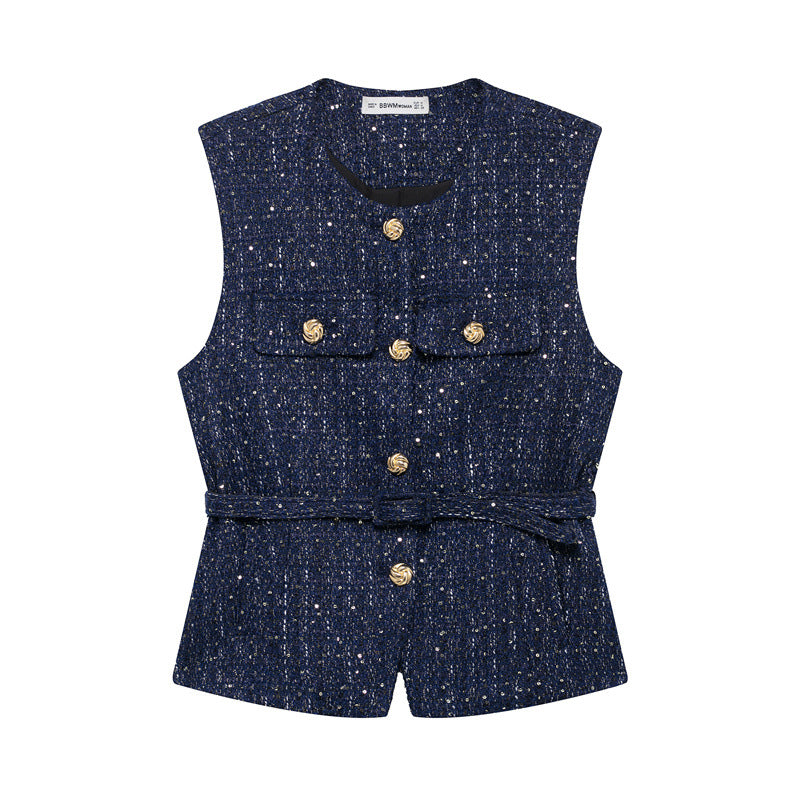 Spring New Casual Belt Vest Women's Clothing With Belt Texture Vest