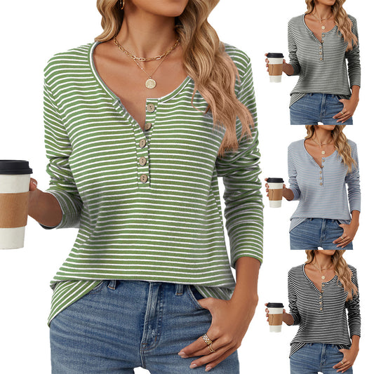 Rundhalset, ensfarvet, stribet afslappet T-shirt-top med knapper