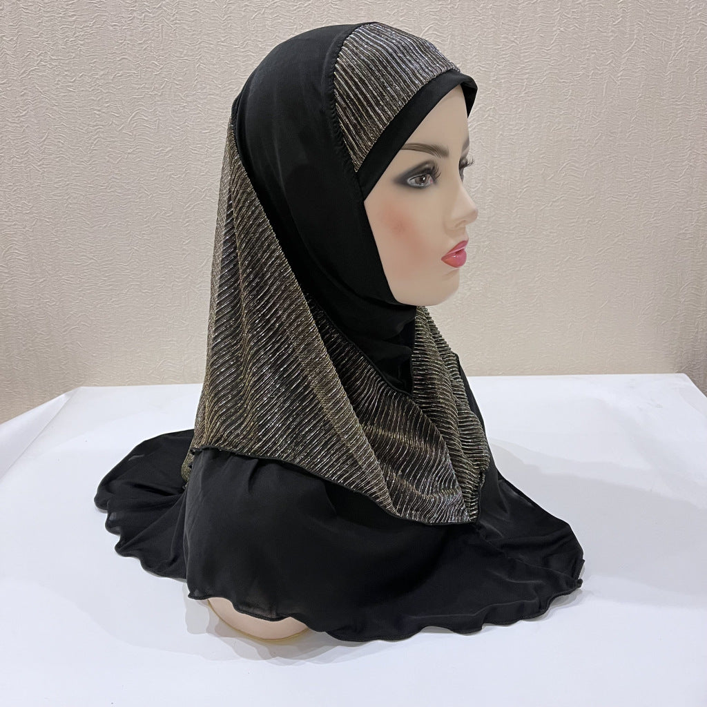Malay Women's Crystal Ma Gold Silk Stitching Veil Hat Headscarf