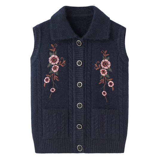 Waistcoat Embroidered Elderly Winter Vest Lapel