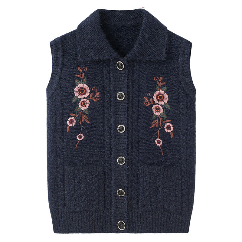 Waistcoat Embroidered Elderly Winter Vest Lapel