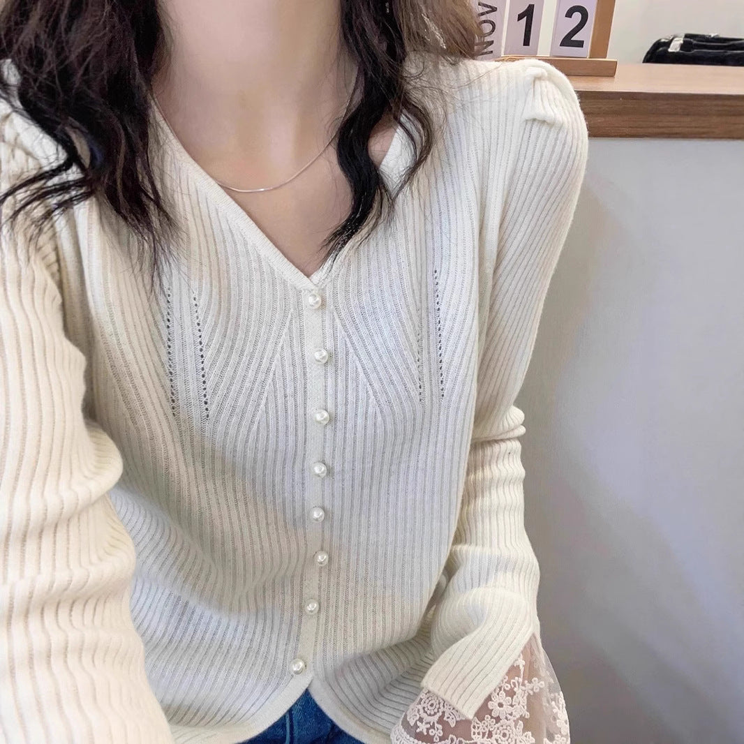 Korean Style Sense Of Design Long Sleeve Lace Splicing Knitwear