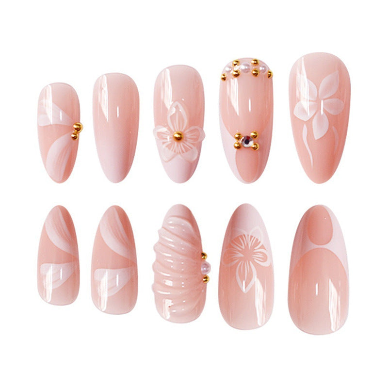 Almond Type Fake Nails Simple White Three-dimensional Water Ripple