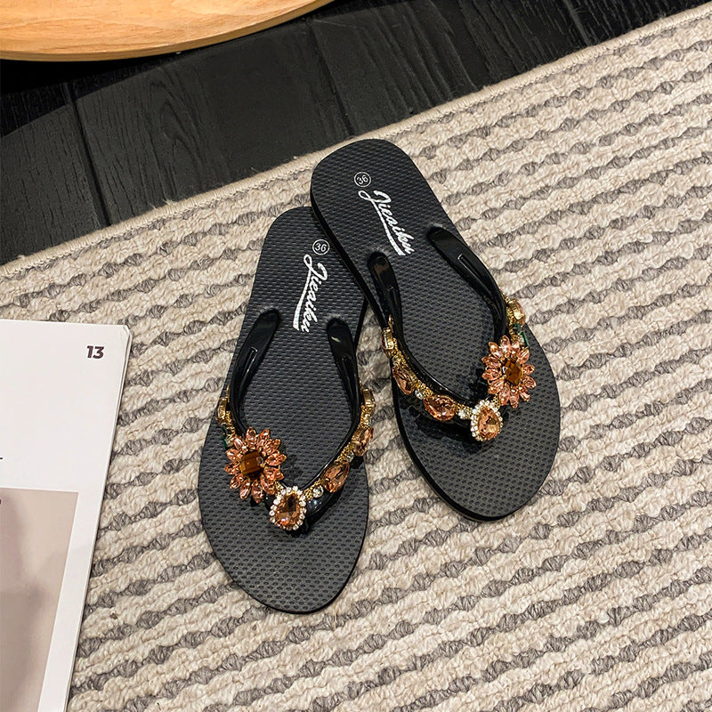 Summer New SUNFLOWER Outer Wear Flat High-grade Diamond-embedded Beach Slippers