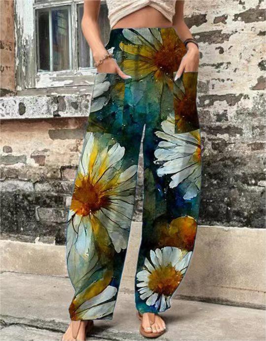 Women's Elastic Waistband Pocket Printed Casual Pants