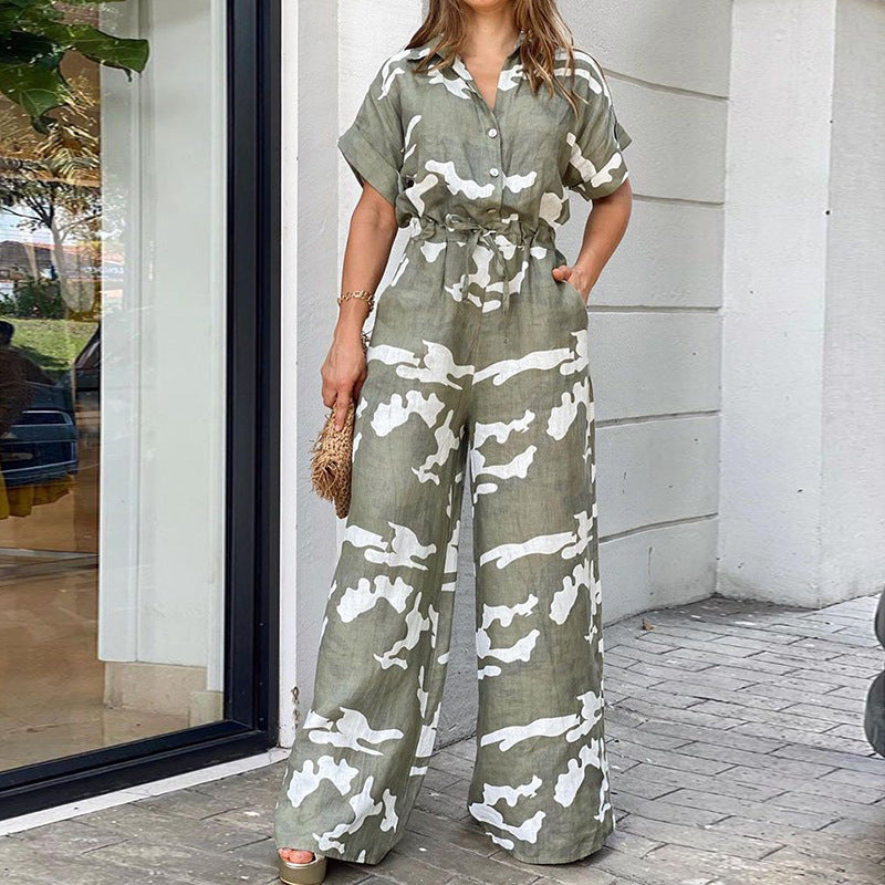 Mode Polo krave, printet, knaplukning, snøredetalje jumpsuit