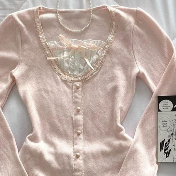 Women's Early Spring Soft Glutinous Pink Long Sleeve T-shirt