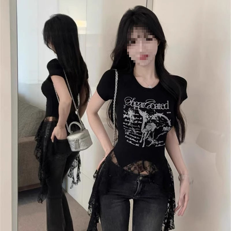 Lace-Panel American Chic Short-Sleeve Womens T-Shirt
