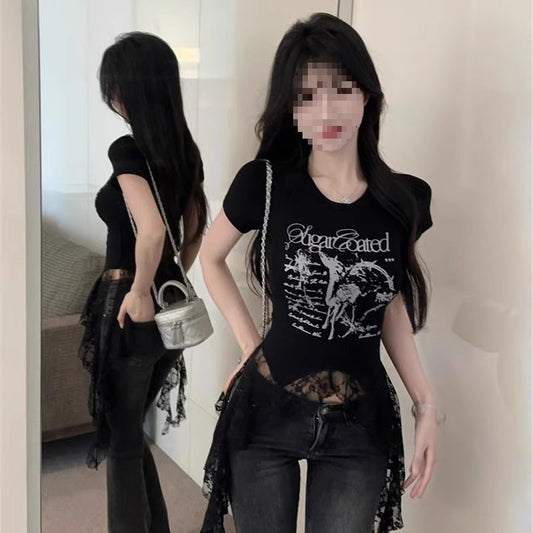 Lace-Panel American Chic Short-Sleeve Womens T-Shirt