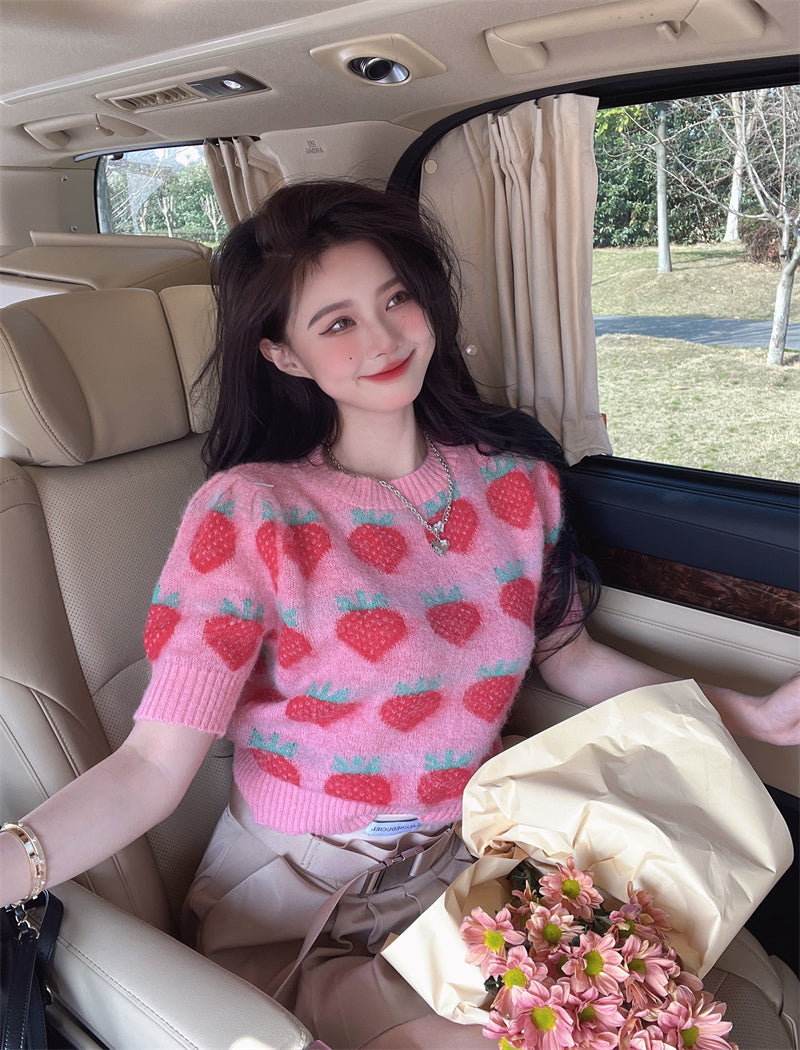 Strawberry Knitted Sweater Slim Fit Short Sleeve