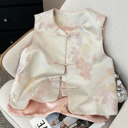 Womens Sleeveless New Chinese-Style Frog-Button Waistcoat Top