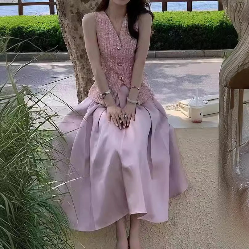 Summer Top Vest Plus Mid-length Dress Set