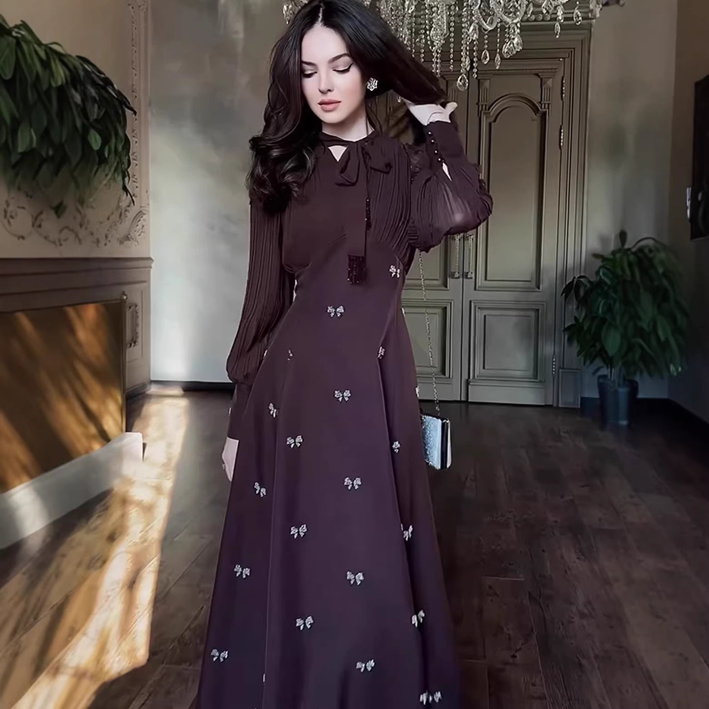 Womens Fashionable Loose-Fit Long-Sleeve Printed Dress