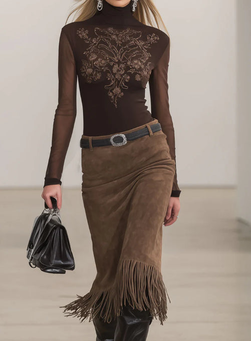 High-neck Embroidered Long-sleeved T-shirt And Faux Suede Tassel Skirt Set