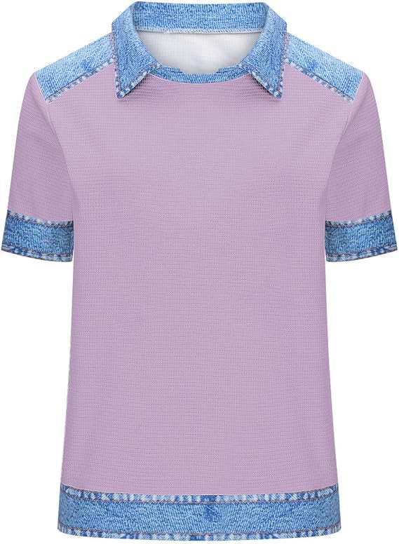 Denim Patchwork Crew Neck Short-sleeve Loose Casual Everyday Versatile