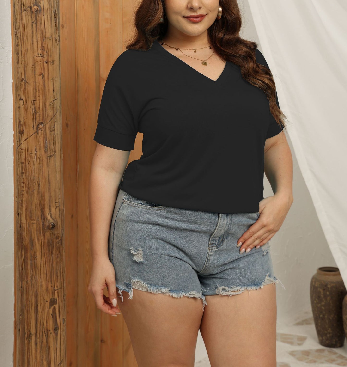 V-neck Solid Color Short-sleeved Shirt Loose