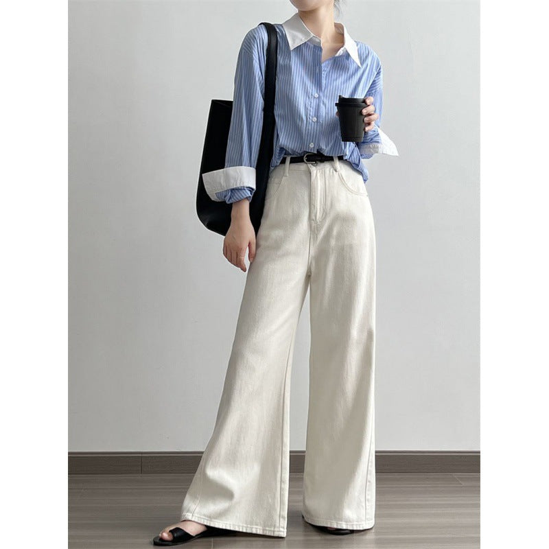 New Blue And White Striped Contrast Color Shirt For Women