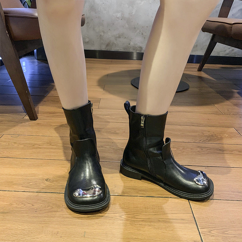 Women's Square Toe Metal Buckle Flat Martin Boots Side Zipper