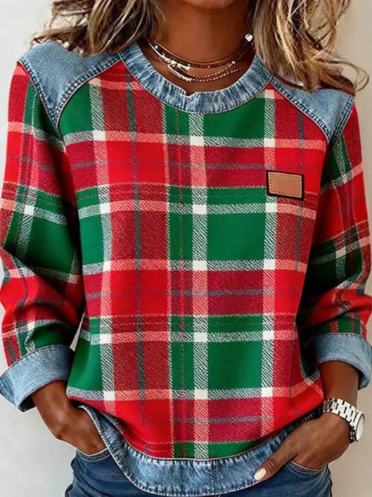 New Plaid Patchwork Loose-fitting Womens Crew-neck Blouse