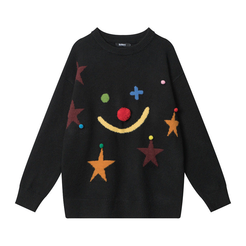 Autumn And Winter Smiley Star Jacquard Loose-fitting Idle Style Needle Sweater Women