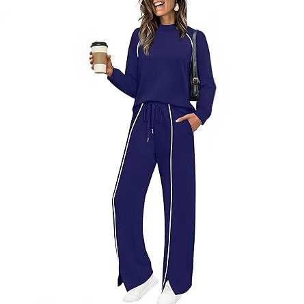 Round Neck Long Sleeve Stretch Leg Slit Casual Sweatshirt Outfit