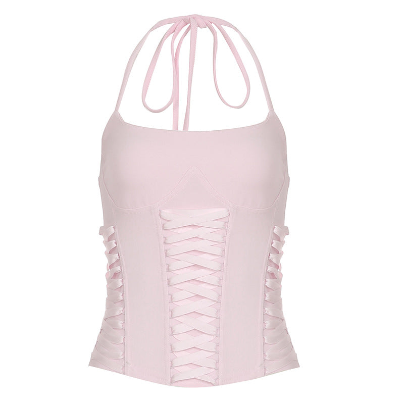 Summer New Lace-up Waist-controlled Lace-up Halterneck Vest For Women