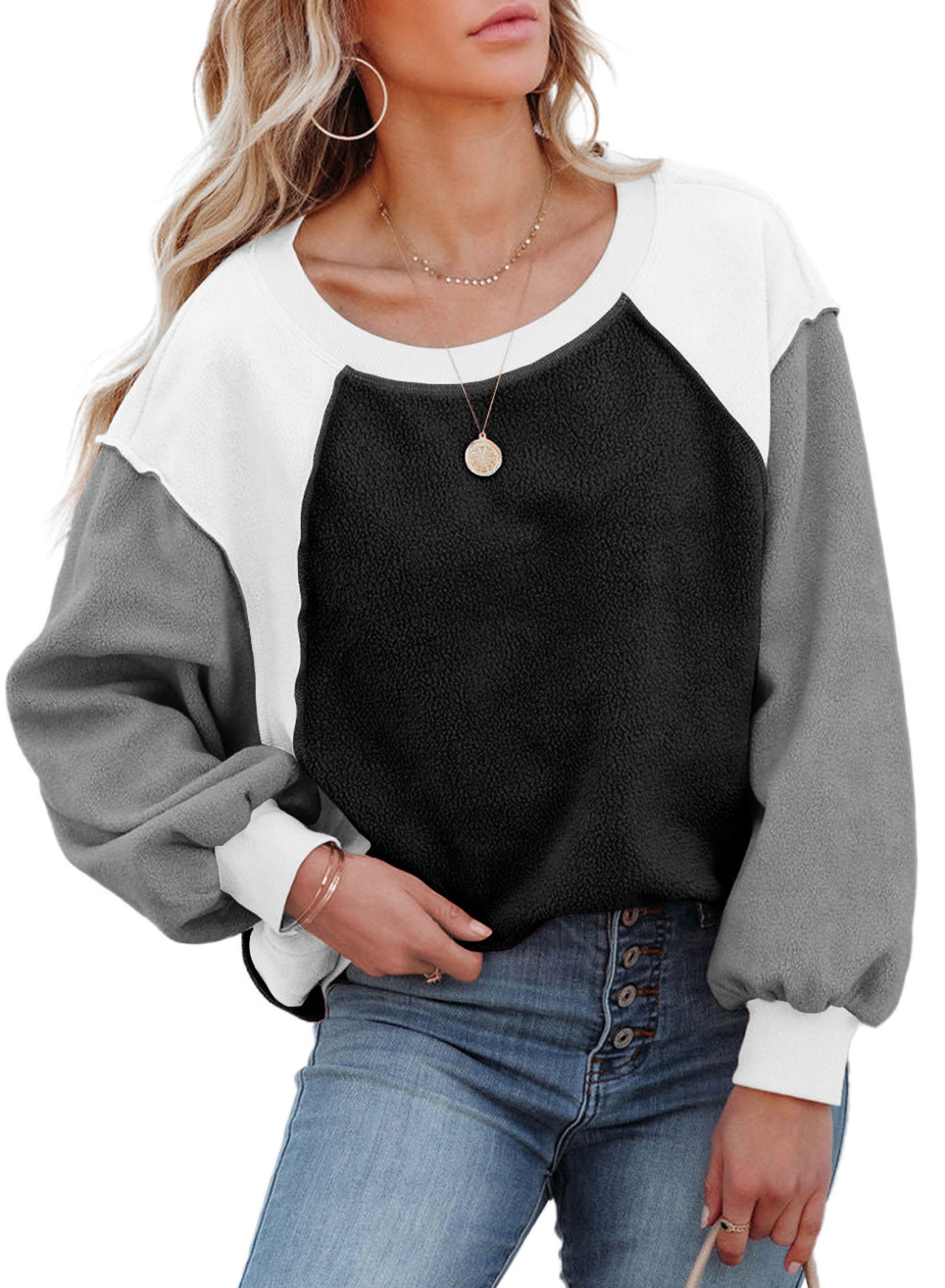 Fleece Lantern Sleeve Sweater Plush Contrast Color Long Sleeve Pullover Top