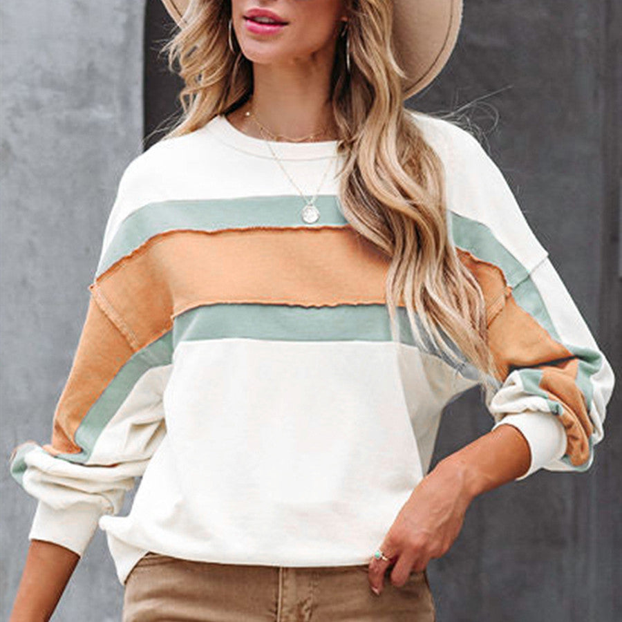 Stribet Strikket Sweater med Kontrastfarve og Lange Ærmer