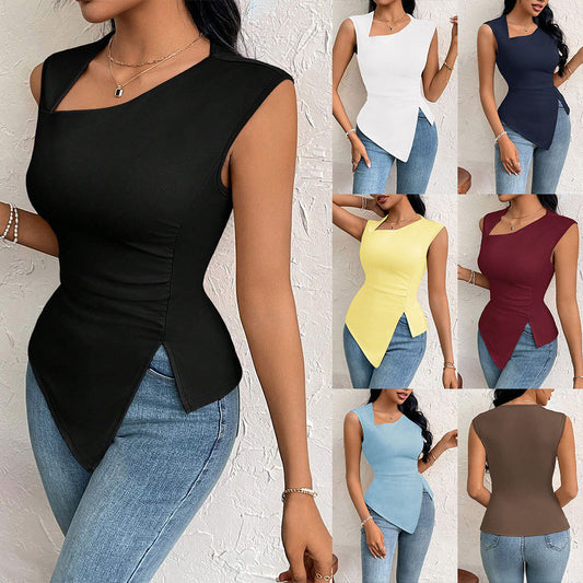 Diagonal Collar Slim-fit Solid Color Short Sleeve Women