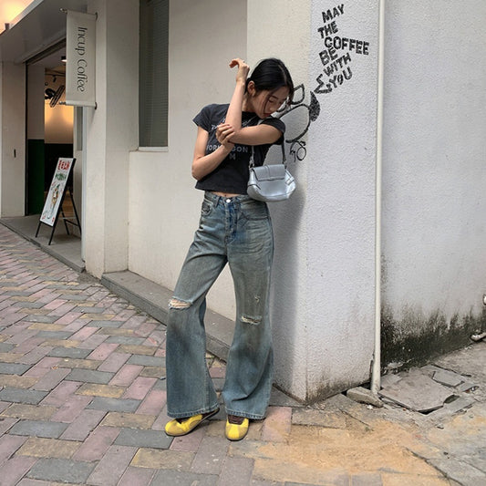 Retro Make Old Ripped Straight Casual Pants Dame High Street Slankende Jeans