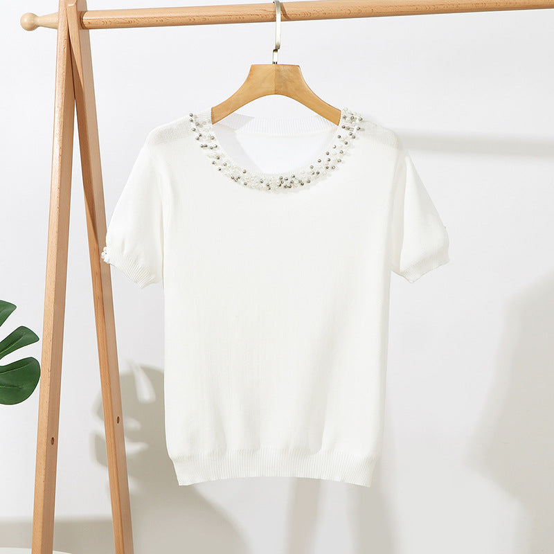 New Solid Color Beaded Short Sleeve Loose Round Neck Pullover Top