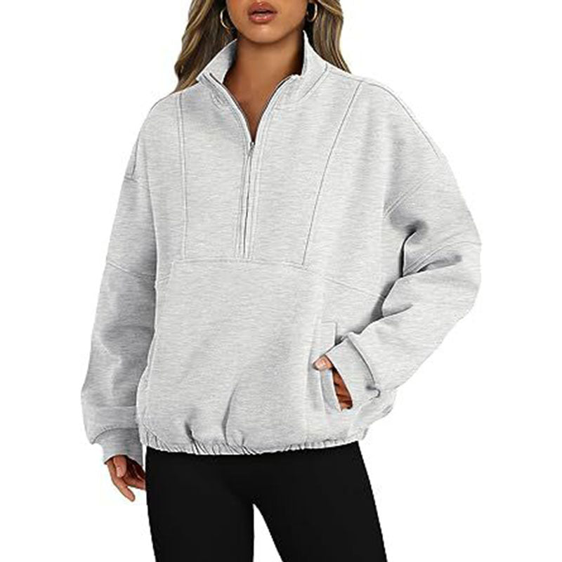 Sporty og casual sweater til kvinder med lynlåslomme, pullover, standkrave og lange ærmer