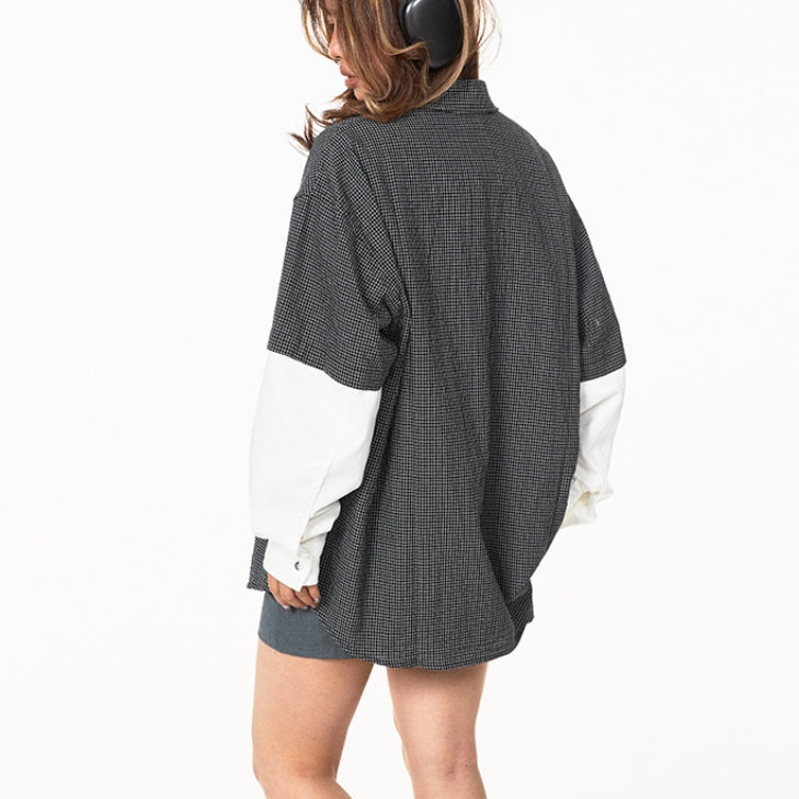 American Retro Plaid Fake Two Pieces Shirt