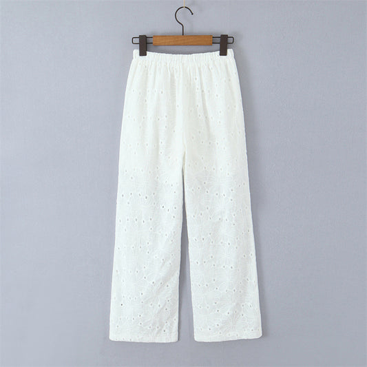 Hollow Embroidery Lace-up Straight-leg Pants