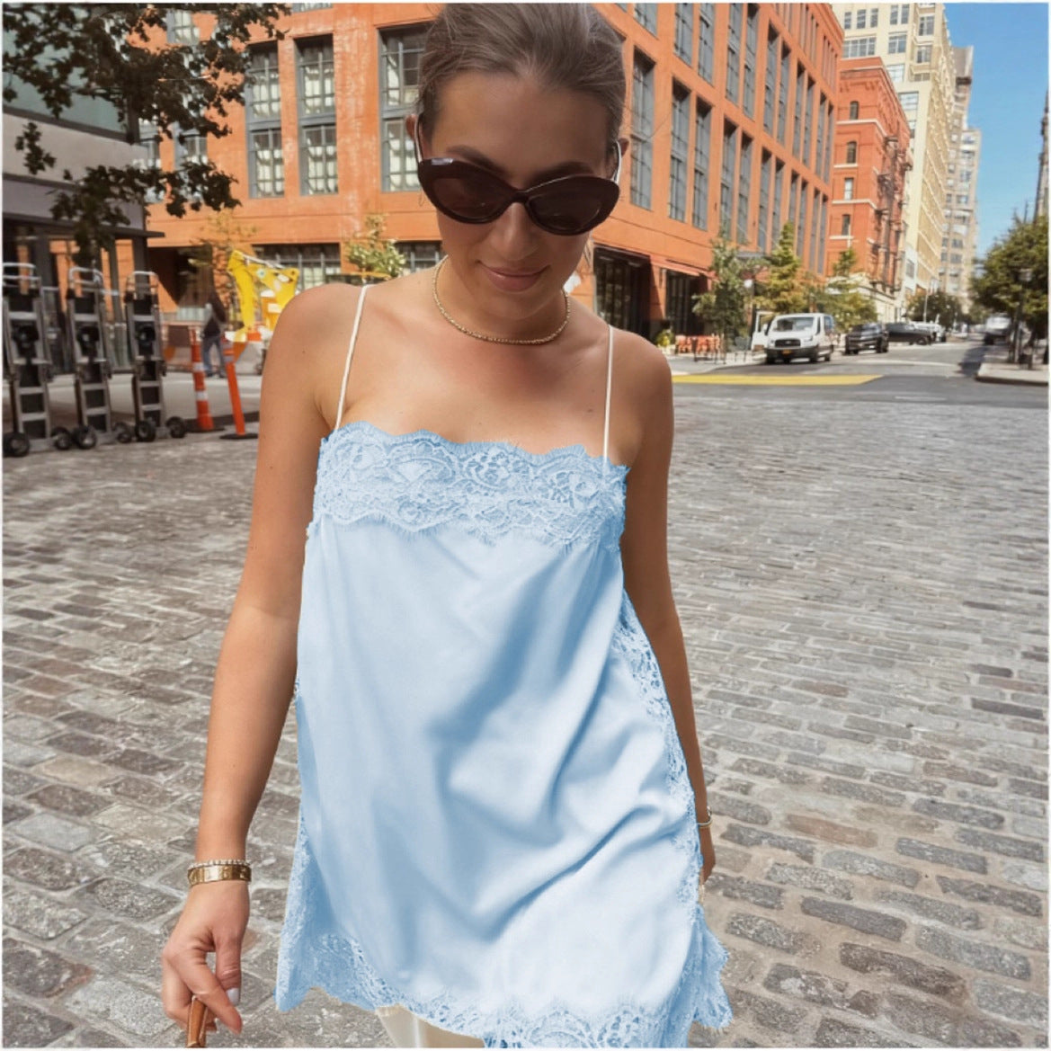 Lace-Trimmed Solid-Color Womens Sexy Strappy Top In A Sassy Chic Style