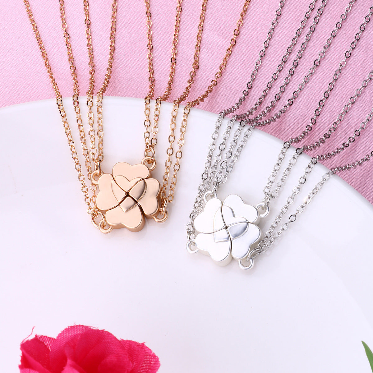 Four-Leaf Clover Stitching Necklace Magnetite Good Friends 4-person Combination