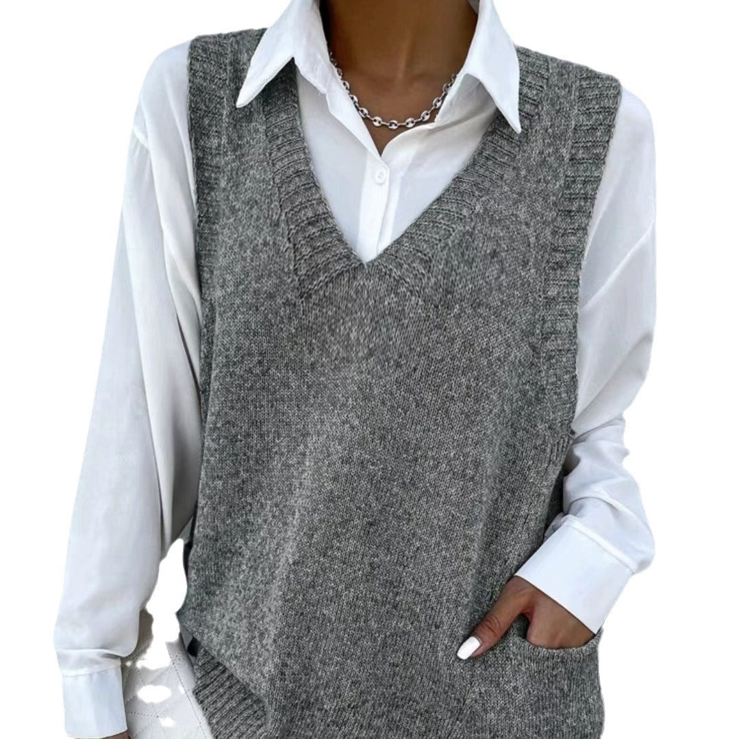 Women's Loose V-neck Double Pocket Knitted Sleeveless Sweater Waistcoat